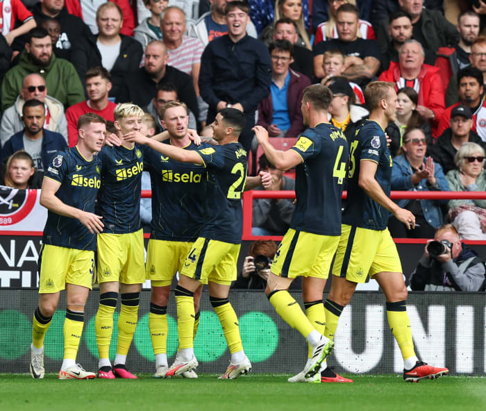 Newcastle United's players pictured celebrating a goal during an 8-0 away win at Sheffield United in September 2023